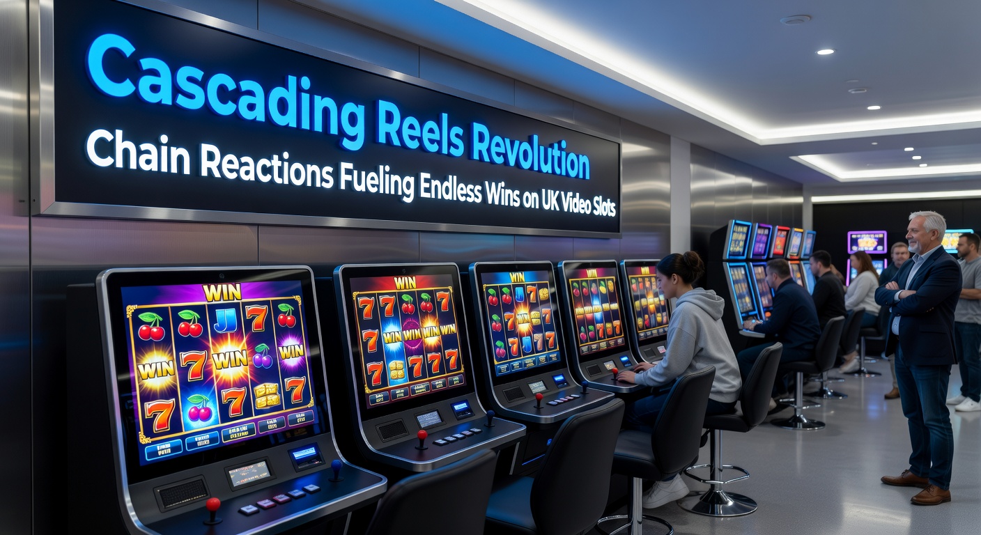 Close-up of multiplier escalation during a massive cascading reels sequence in a high-stakes UK slot, with exploding symbols and falling wins