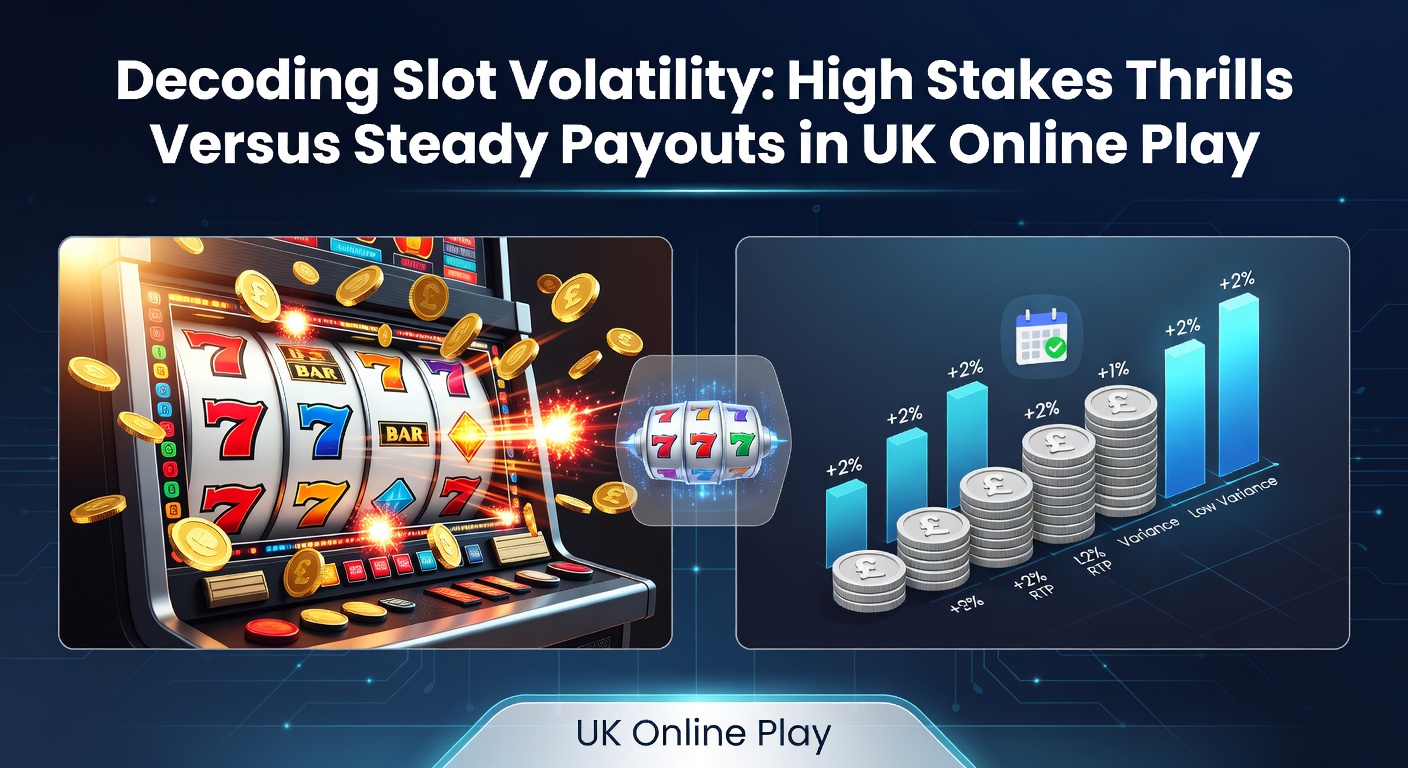 Vibrant slot reels spinning with high-stakes symbols and jackpot icons highlighting volatility contrasts