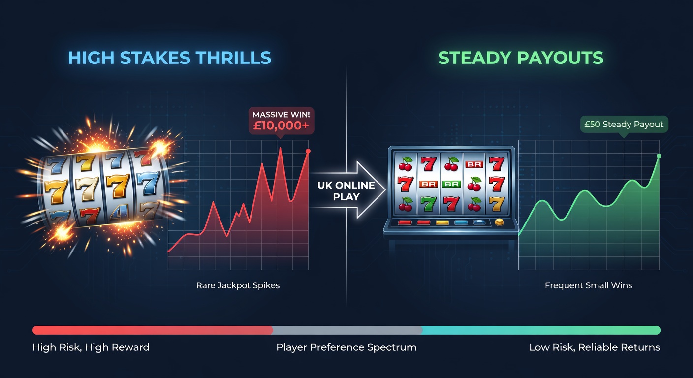 Comparison chart of low vs high volatility slot payout graphs showing steady lines versus sharp peaks and valleys