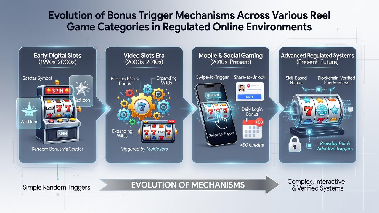 Comparison of modern bonus trigger interfaces across different reel game categories including scatters, meters and random events