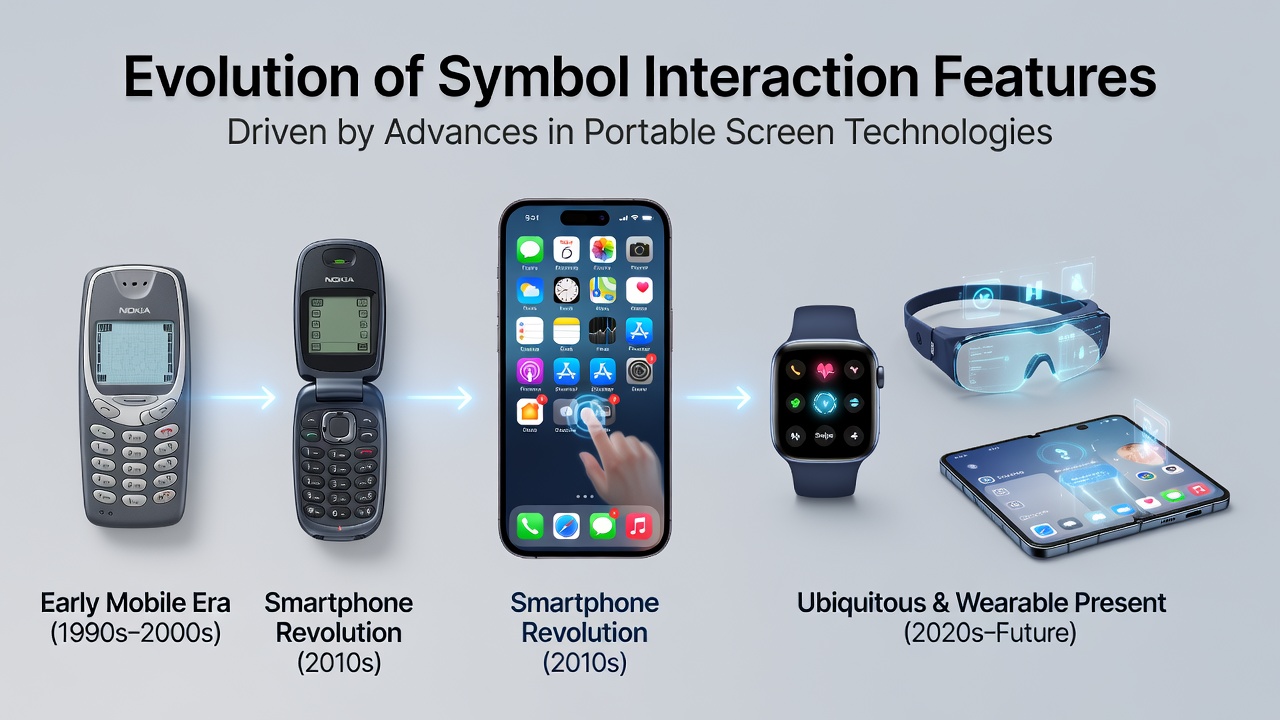 Early portable device showing basic symbol grids on small monochrome displays transitioning toward color interfaces