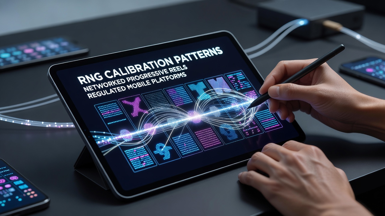 Diagram showing RNG calibration across networked progressive slot reels on mobile devices