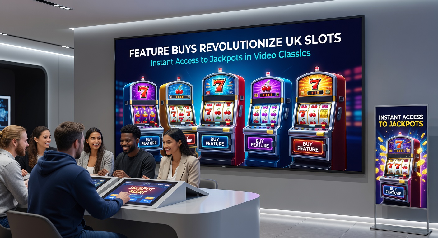 Vibrant slot machine screen displaying a feature buy option with jackpot symbols lighting up in a classic video slot interface