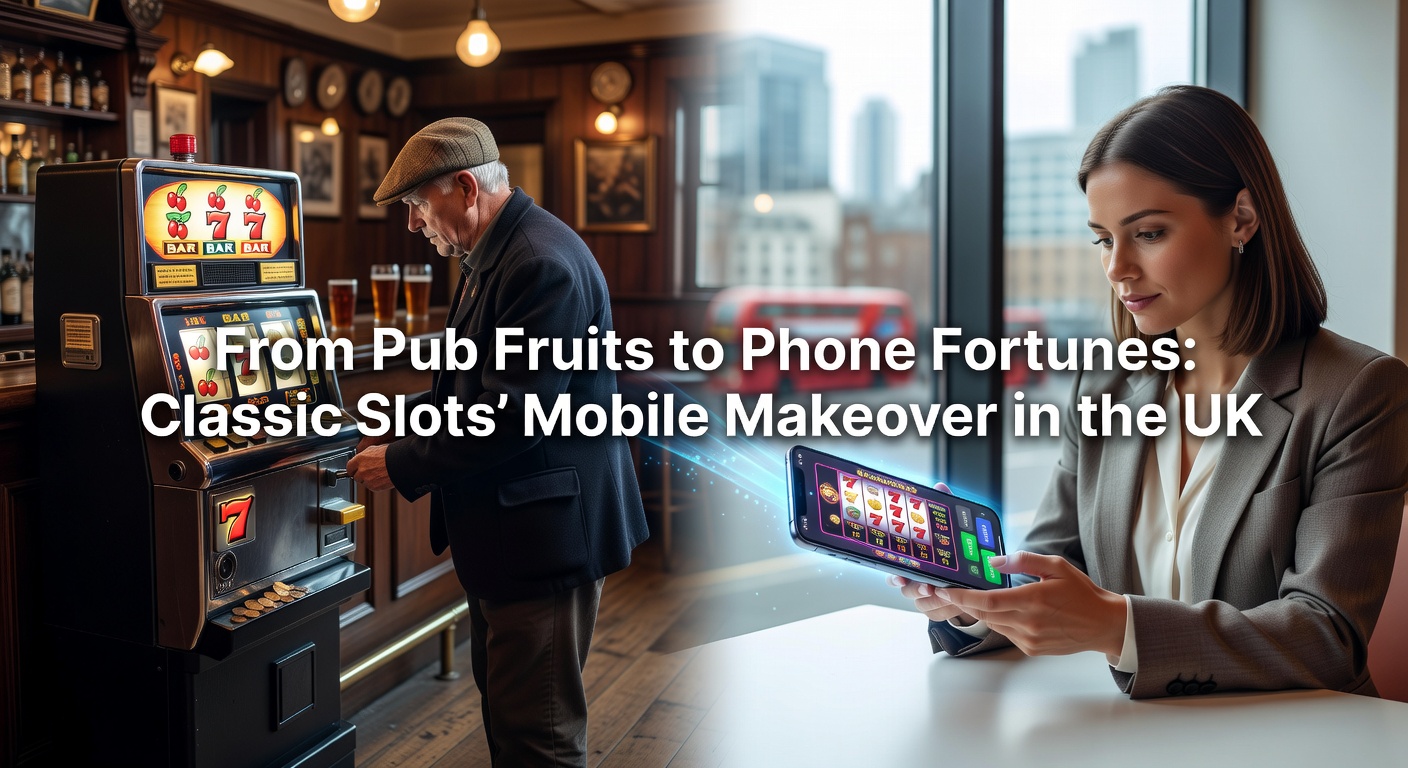 Vintage pub fruit machine glowing with cherries, bars, and sevens under neon lights, evoking nostalgic UK arcade vibes