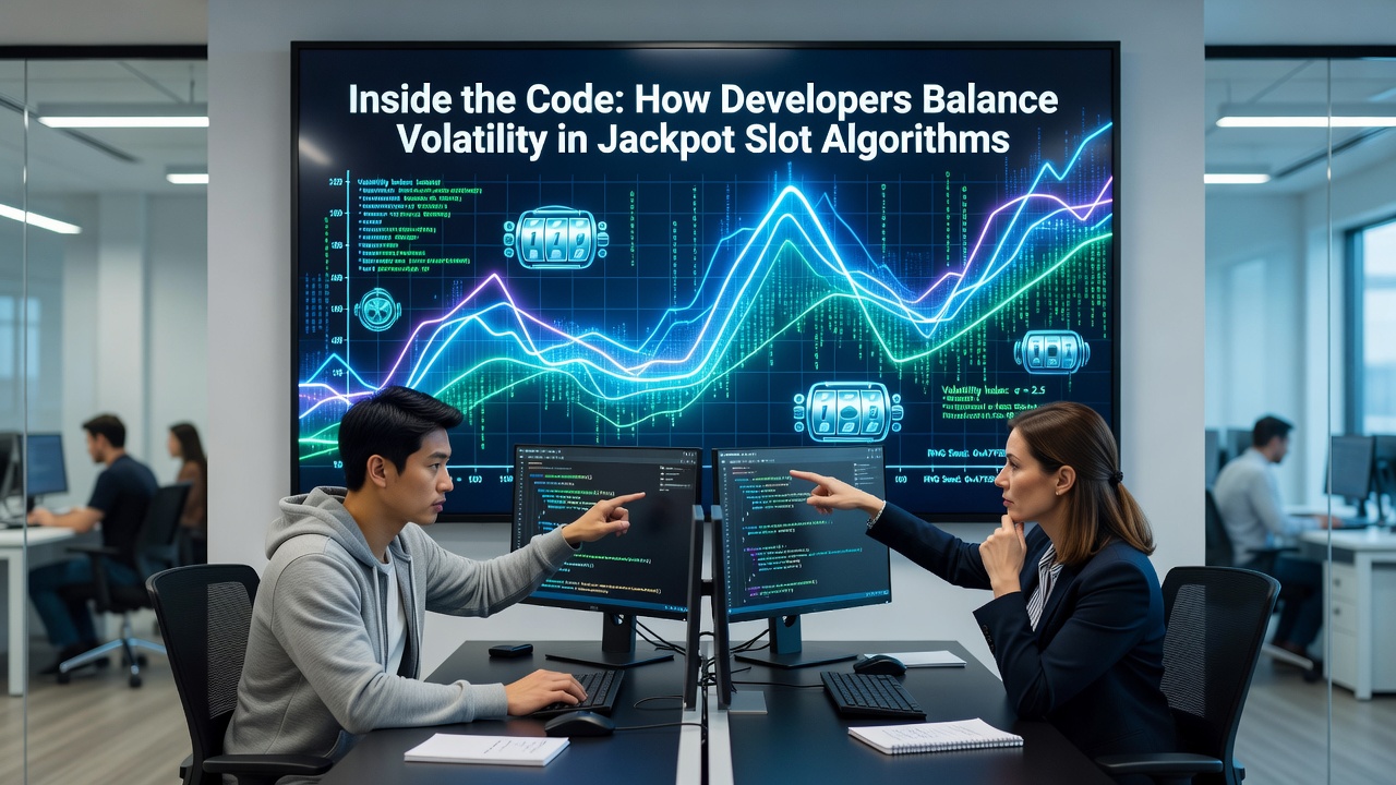 Developers analyzing slot algorithm code on multiple screens in a modern studio