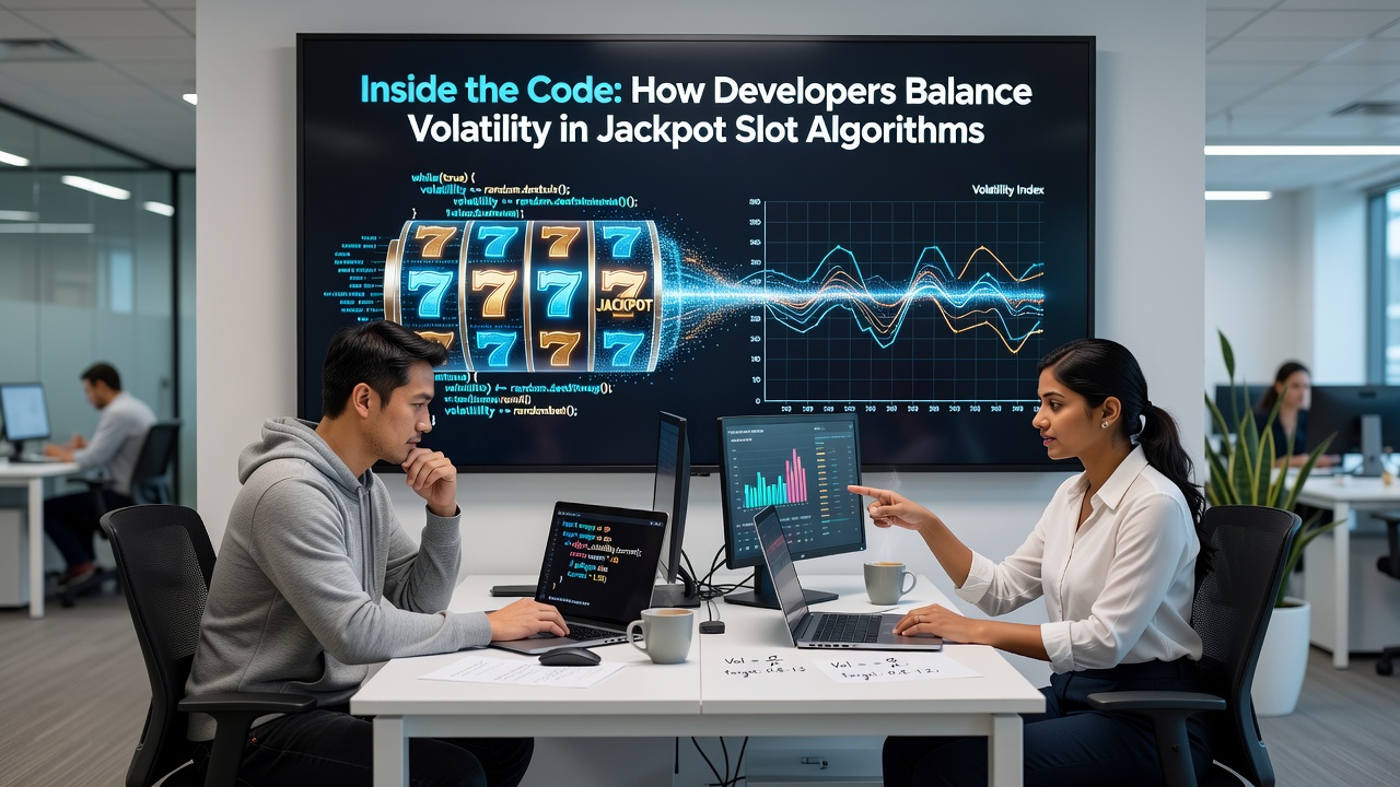 Close-up view of code snippets and probability distribution charts used in slot development