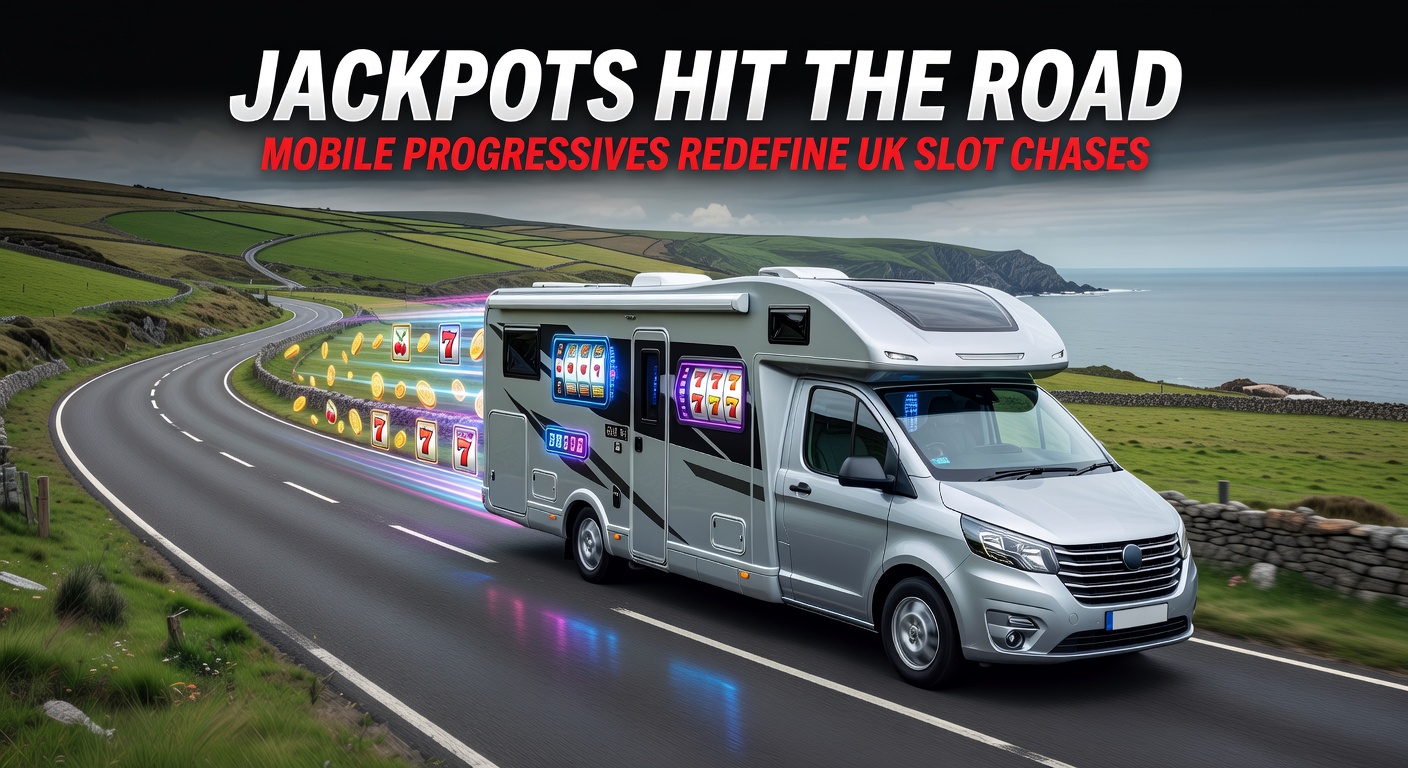 Smartphone screen displaying a vibrant mobile progressive slot game with rising jackpot counter and road-themed graphics symbolizing on-the-go wins