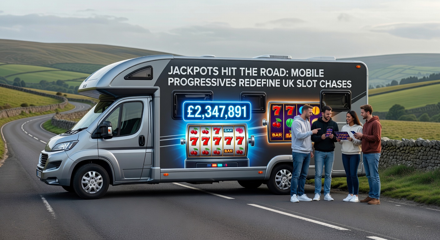 Diverse group of UK mobile users on phones, trains, and outdoors engaging with progressive slot jackpots amid dynamic urban and travel scenes