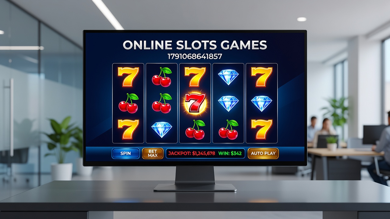 Close-up of spinning reels on an online slot game with thematic symbols and paytable visible
