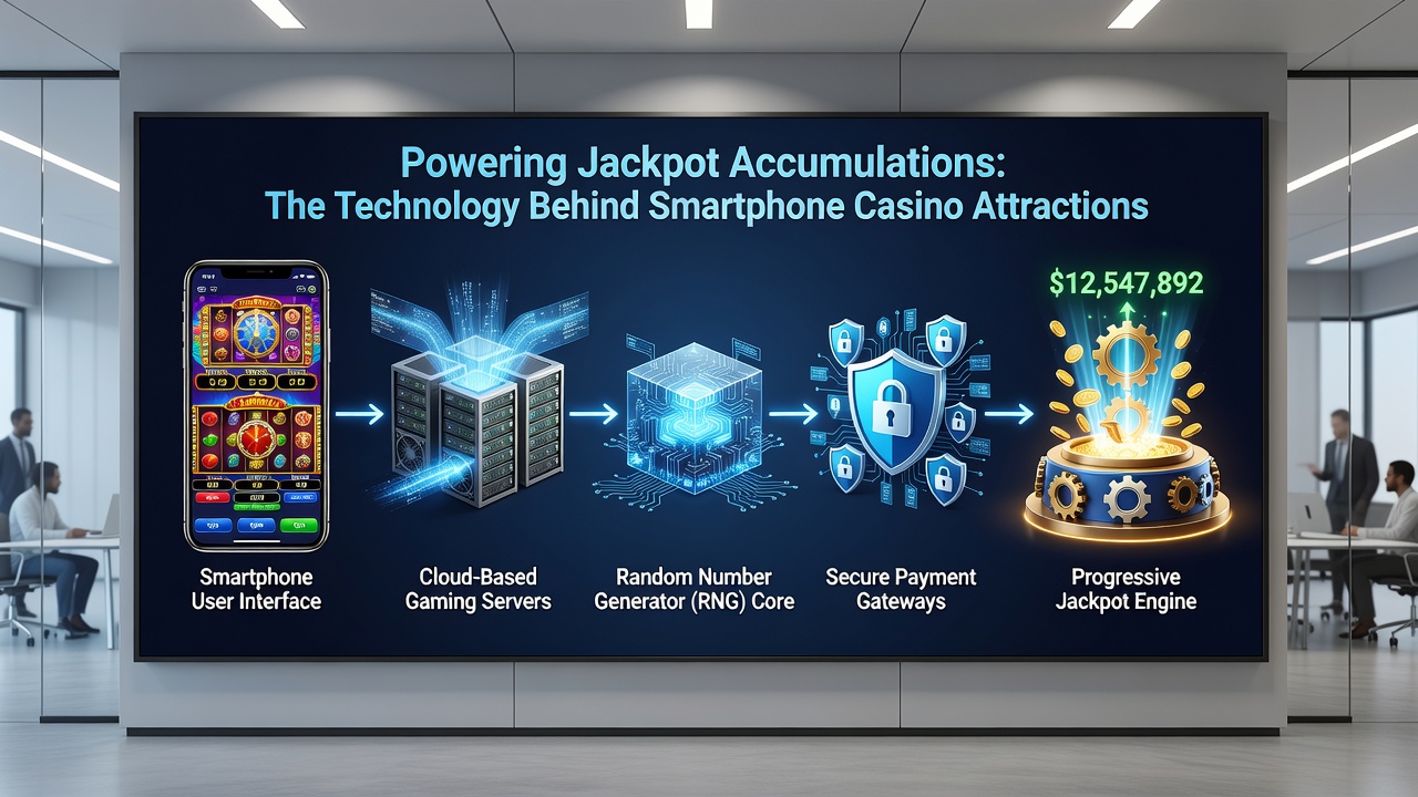 Network diagram showing linked smartphone devices contributing to a central jackpot server