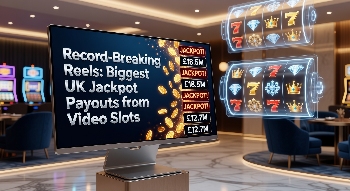Player celebrating a massive video slot jackpot win in a UK casino setting, with reels flashing and coins spilling over