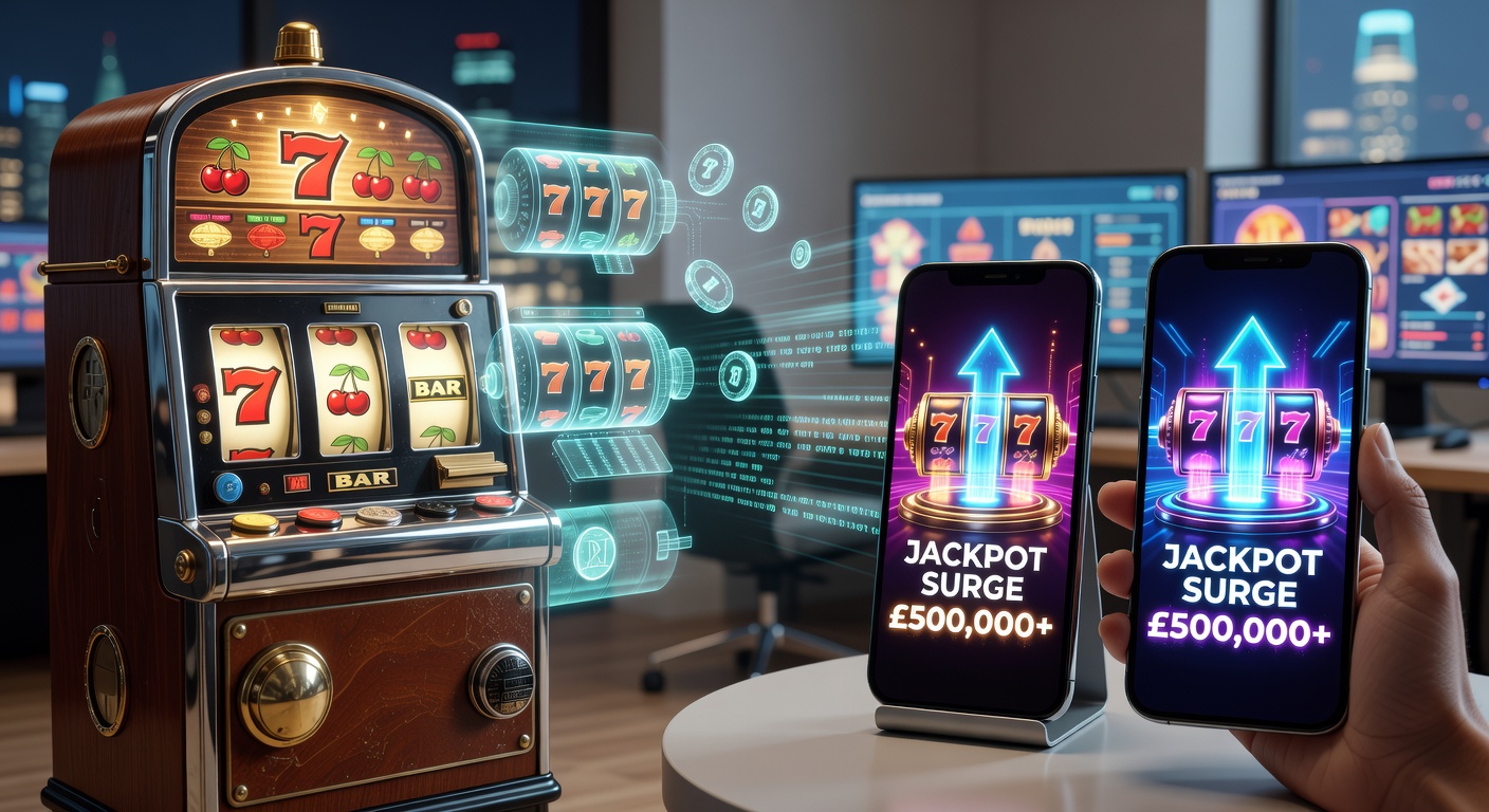 Close-up of a smartphone screen displaying a video slot jackpot ticking upwards amid colorful animations and bonus wheel spins, evoking the thrill of mobile gaming