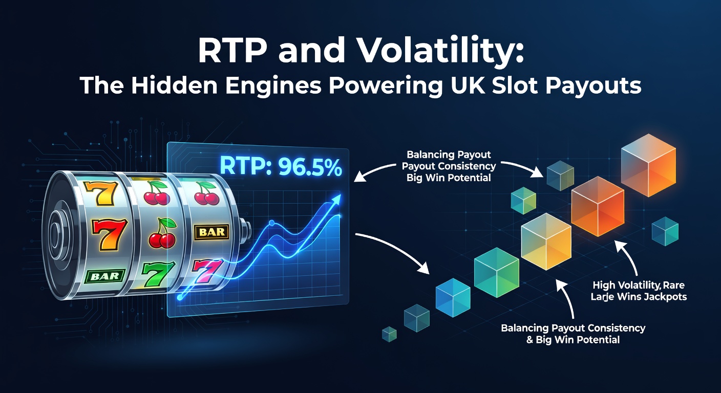 Digital graphic illustrating RTP percentages and volatility charts for slot games, showing payout flows and win frequencies