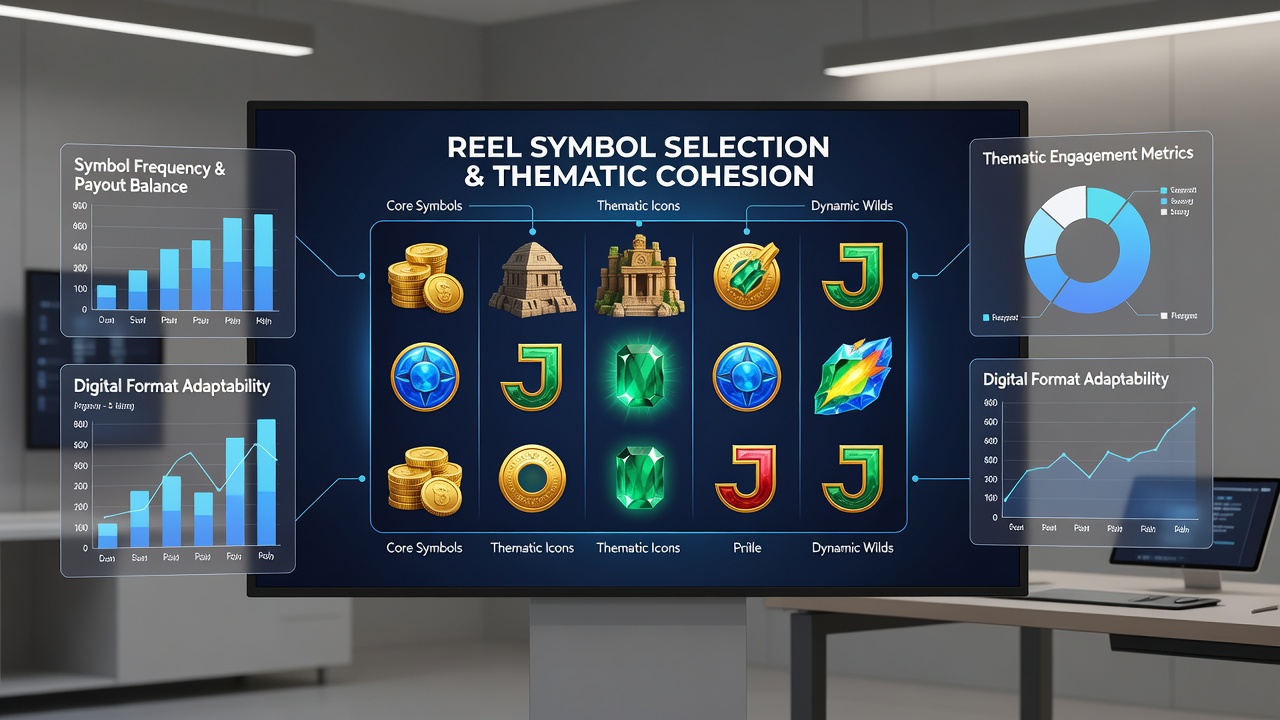 Close-up of digital slot machine reels displaying coordinated symbols aligned with a central theme