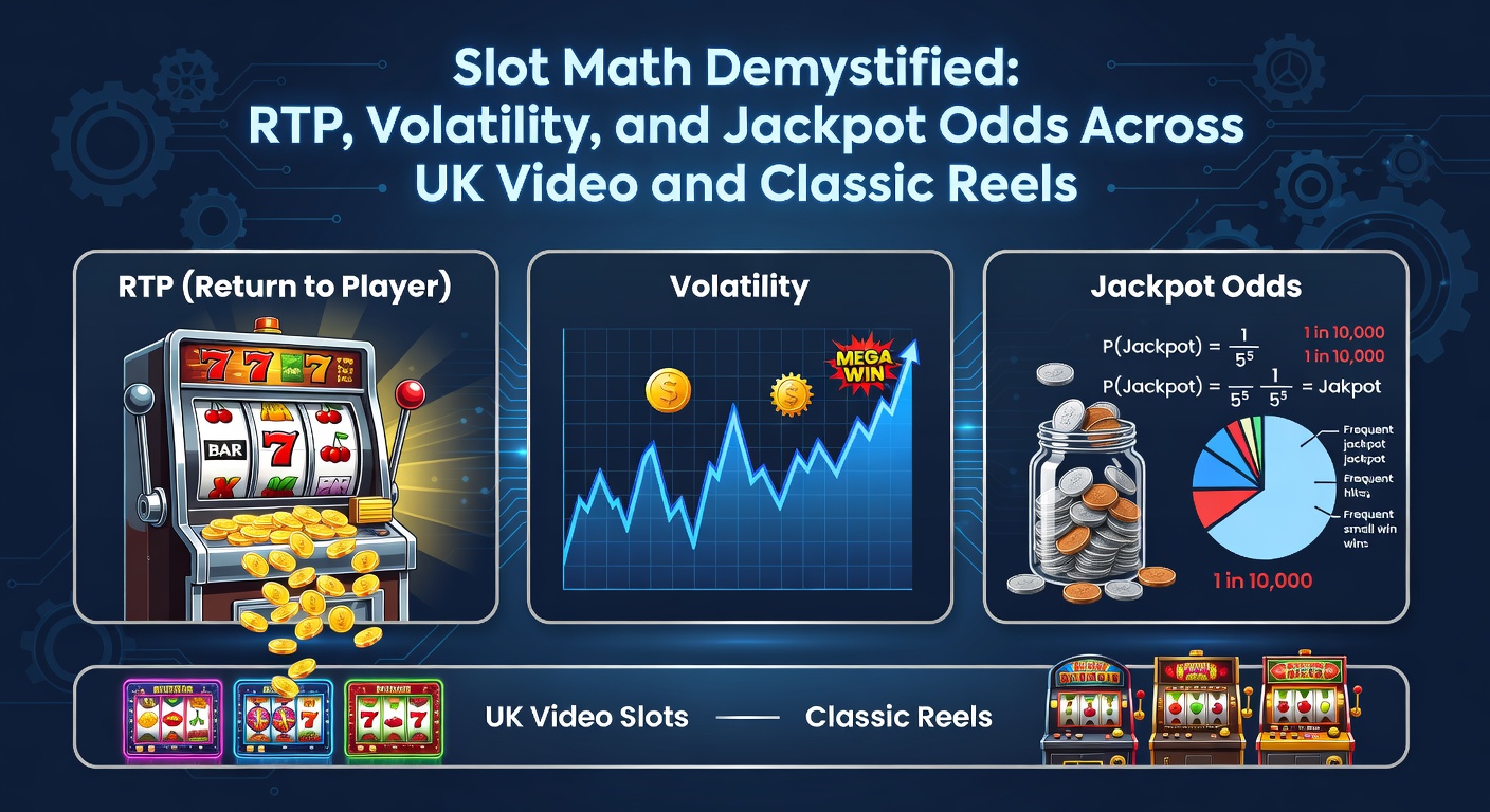 Vibrant slot machine reels spinning with mathematical equations overlayed, highlighting RTP percentages and volatility charts