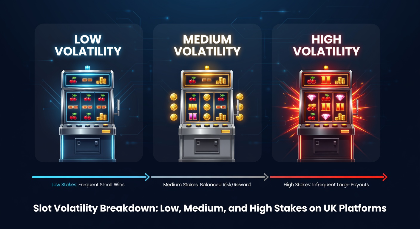 Colourful slot machine reels spinning with low, medium, and high volatility indicators overlaid, representing different risk levels on UK platforms