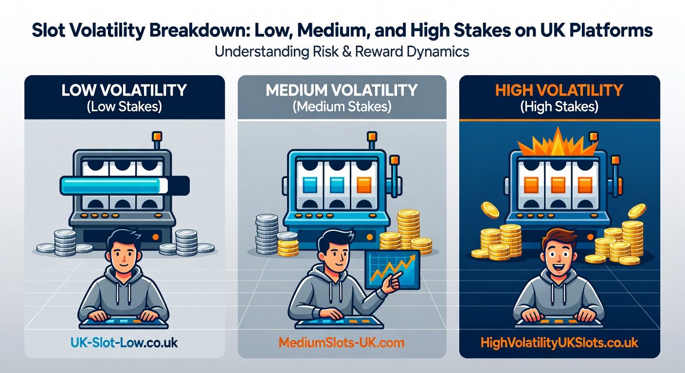 Graph chart comparing payout frequencies and win sizes across low, medium, and high volatility slots, with UK platform logos in the background
