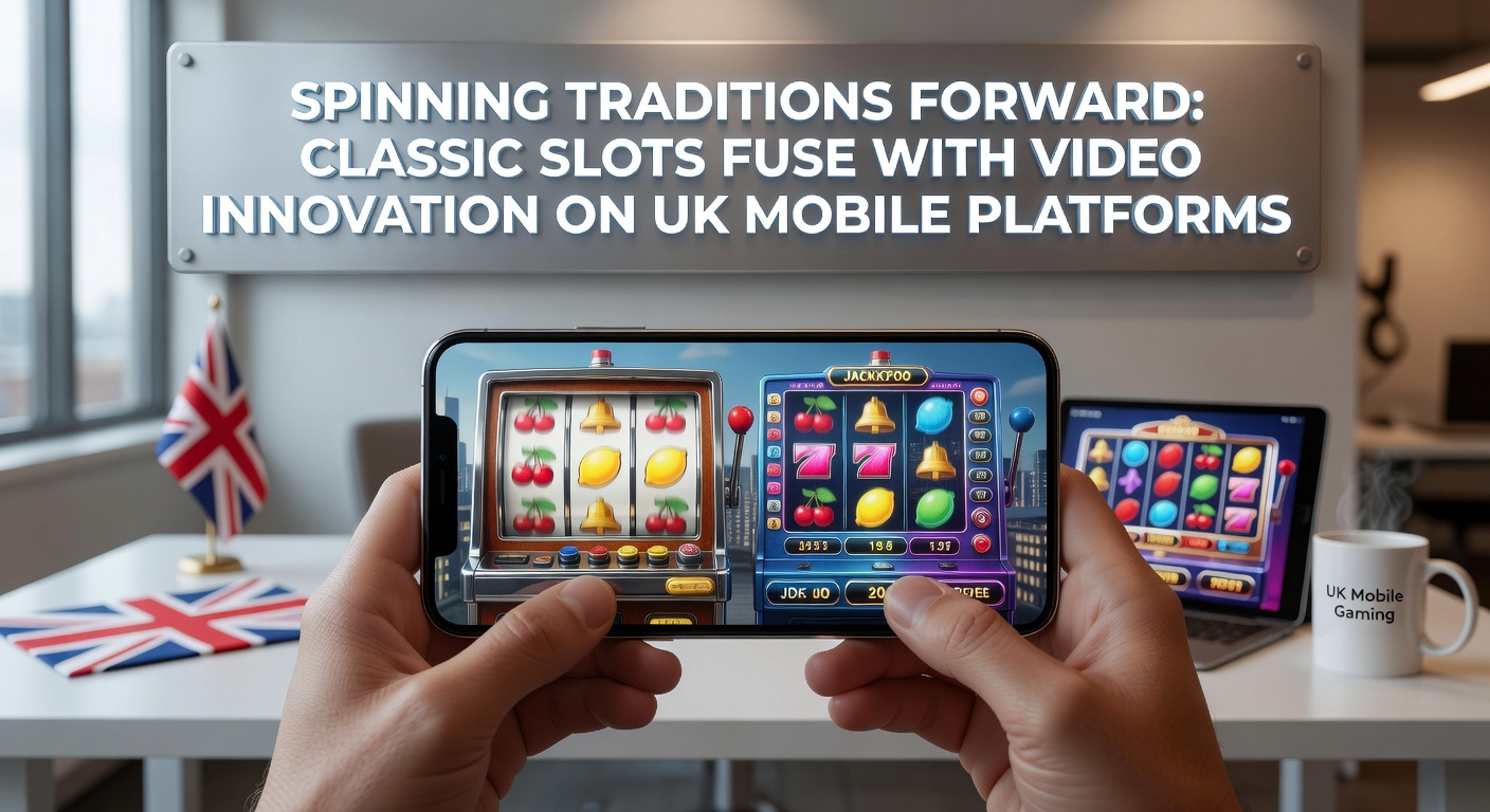 Close-up of a modern smartphone running a hybrid slot game, blending traditional three-reel fruit symbols with vibrant video graphics, bonus wheels, and jackpot meters glowing in a dimly lit virtual casino setting