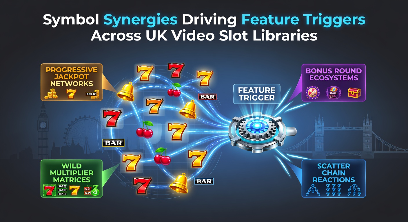 Detailed view of interlocking symbols on a UK video slot reel set showing wilds and scatters aligning for a bonus trigger