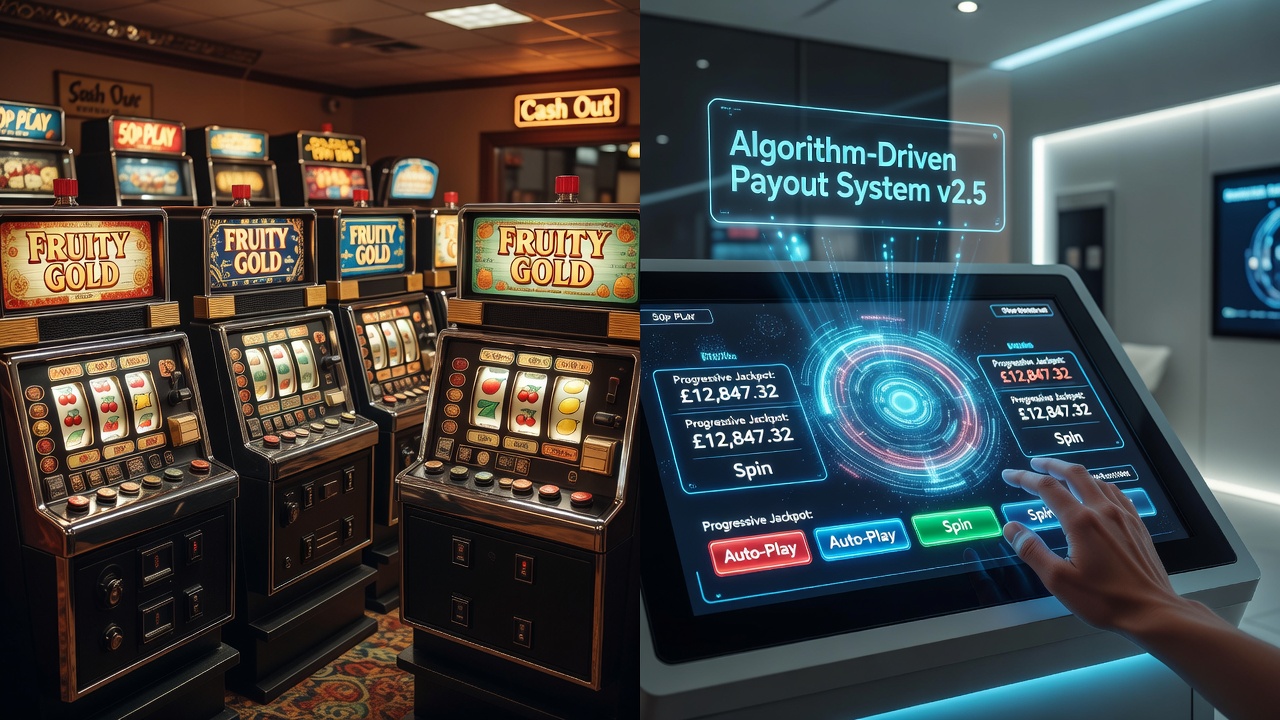 Early mechanical slot machine with physical reels displayed in a British casino setting