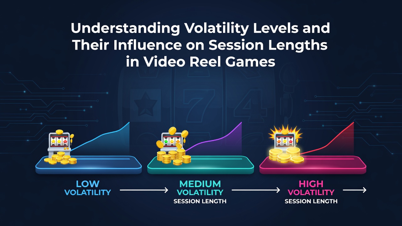 Diagram illustrating low medium and high volatility levels in video reel games with session length indicators