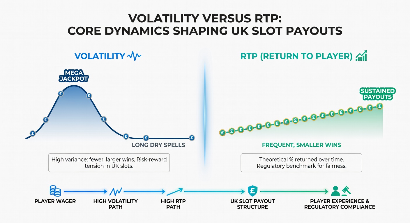 Infographic illustrating high vs low volatility payout distributions in UK slots, with RTP curves overlaid for comparison